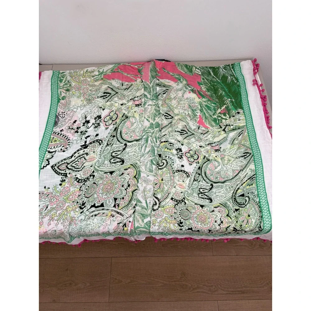 Shiraleah Chicago Paisley Palm Print Pink Green Pom Pom Trim Viscose Swim Cover